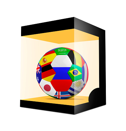 Soccer balls with team flag in transparent box on white background