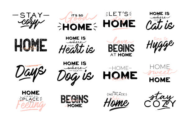 ilustrações, clipart, desenhos animados e ícones de citações bonitos do typography com as frases acolhedoras home. isolado no fundo branco. - scandic