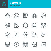 Contact Us - thin line vector icon set. Editable stroke. Pixel Perfect. 20 line icon. Set contains such icons as Support, Home, Help Desk, Feedback, Office, Support, Team, Life Belt, Compass, Rating.