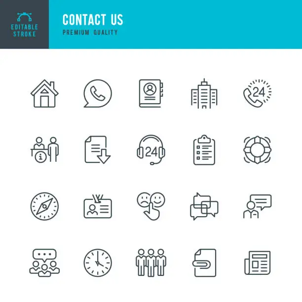 Vector illustration of Contact Us - thin line vector icon set. Editable stroke. Pixel Perfect. Set contains such icons as Home, Help Desk, Feedback, Office, Support, Team, Life Belt.