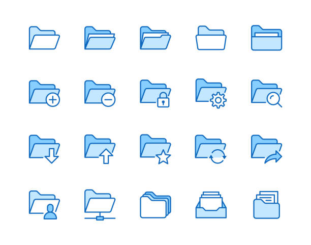 Folders flat line icons set. File catalog, document search, folder synchronization, local network vector illustrations. Outline minimal signs for web site. Pixel perfect 64x64. Editable Strokes Folders flat line icons set. File catalog, document search, folder synchronization, local network vector illustrations. Outline minimal signs for web site. Pixel perfect 64x64. Editable Strokes. file folder stock illustrations