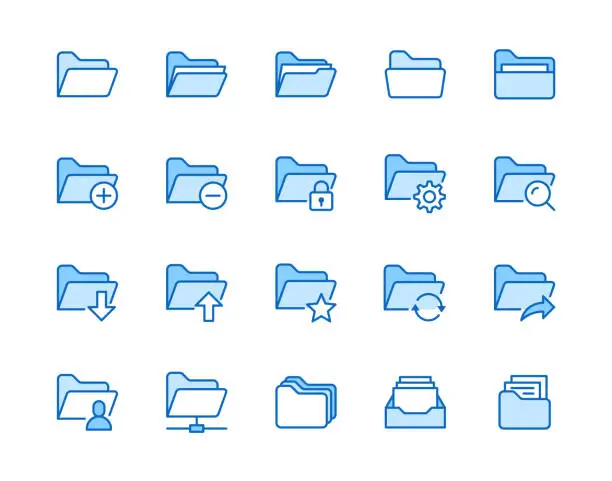 Vector illustration of Folders flat line icons set. File catalog, document search, folder synchronization, local network vector illustrations. Outline minimal signs for web site. Pixel perfect 64x64. Editable Strokes