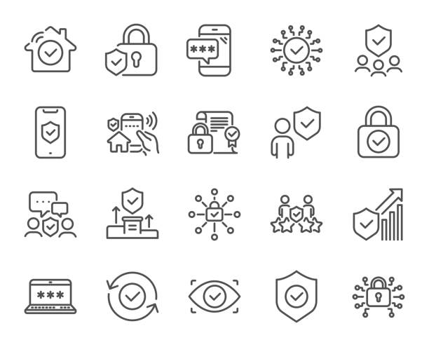Security line icons. Cyber lock, password, unlock. Guard, shield, home security system. Vector Security line icons. Cyber lock, password, unlock. Guard, shield, home security system icons. Eye access, electronic check, firewall. Internet protection, laptop password. Vector safety stock illustrations