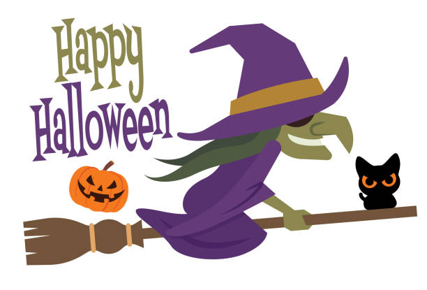 ilustraciones, imágenes clip art, dibujos animados e iconos de stock de feliz halloween. dibujos animados persona halloween volando en la escoba con calabaza y gato de terror - wizard magic broom stick