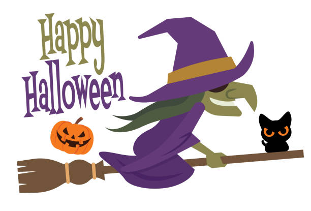 Happy Halloween Cartoon Halloween Witch Flying On Broom With Pumpkin And  Horror Cat Stock Illustration - Download Image Now - iStock