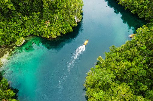 High angle shot of a boat sailing through a canal running along the Raja Ampat Islands in Indonesia