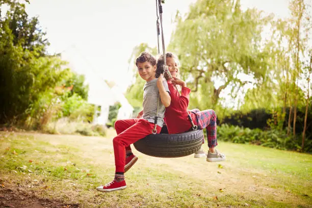 Brother And Sister Playing In Tire Swing In Garden At Home