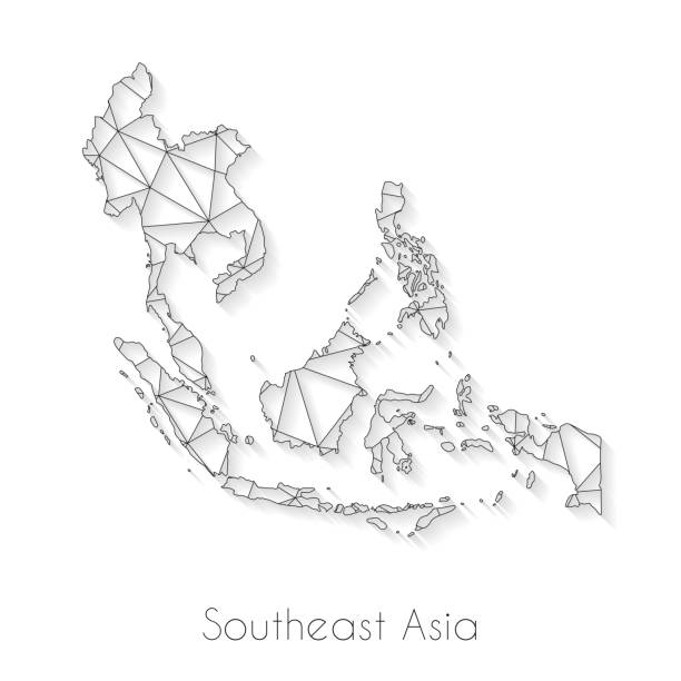 ilustrações, clipart, desenhos animados e ícones de conexão do mapa do sudeste asiático-engranzamento da rede no fundo branco - map usa southeast cartography
