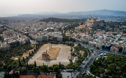 Aerial view of Athens with the Temple of Olympian Zeus and the Acropolis