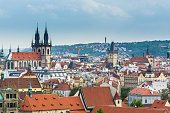 Aerial view of citycape of old town of Prague, with a lot of red rooftops and  The Church of Mother of God before Týn, and the power tower.