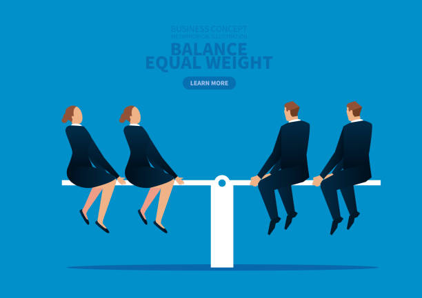 Equal weight, business woman and male businessman balancing on the seesaw Equal weight, business woman and male businessman balancing on the seesaw gender equality stock illustrations