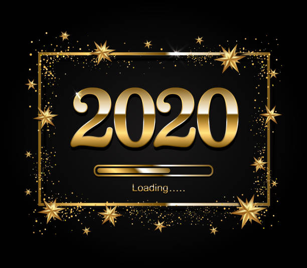 2020年と金星と黒の背景に幸せな新年のデザインレイアウト。ベクトルイラスト - confetti gold star shape black点のイラスト素材／クリップアート素材／マンガ素材／アイコン素材