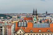 Aerial view of citycape of old town of Prague, with a lot of red rooftops and  The Church of Mother of God before Týn. A gothic church and a dominant feature of the Old Town. View from the Letna park.