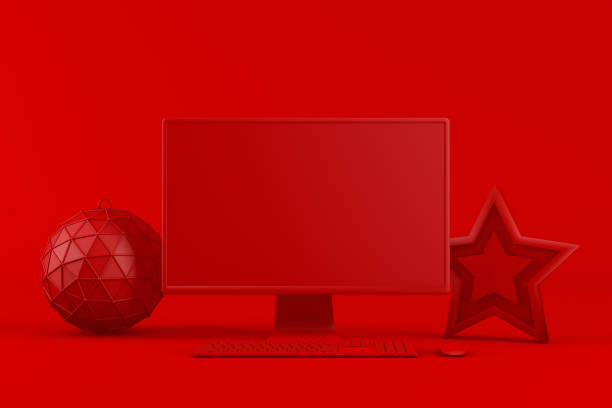 istock 3D Empty Computer Screen Monitor on Red Background, Minimal Christmas Concept 1179753750