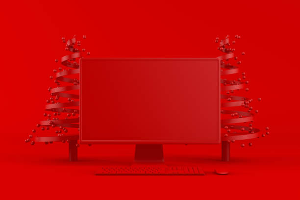istock 3D Empty Computer Screen Monitor on Red Background, Minimal Christmas Concept 1179754013