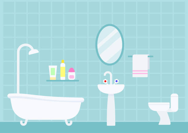 stockillustraties, clipart, cartoons en iconen met indoor badkamer interieur vector illustratie - hotel shampoo