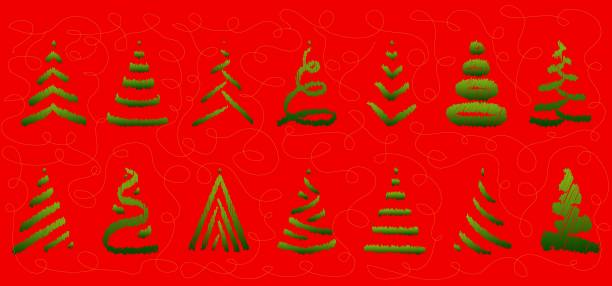 istock Set of minimalistic hand drawn Christmas tree icons on red background. Scribble effect. New Year minimal concept. Vector illustration. Can be used for greeting card, invitation, banner, web, print 1179756134