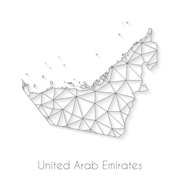 ilustraciones, imágenes clip art, dibujos animados e iconos de stock de conexión de mapas de emiratos arabes unidos - malla de red sobre fondo blanco - united arab emirates illustrations