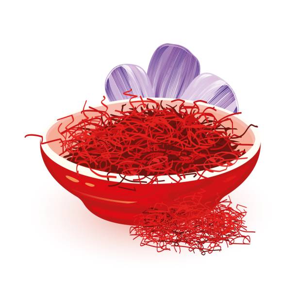 ilustrações, clipart, desenhos animados e ícones de o açafrão vermelho seco está na bacia cerâmica perto da flor violeta crocus, fonte desta especiaria - crocus violet flower purple