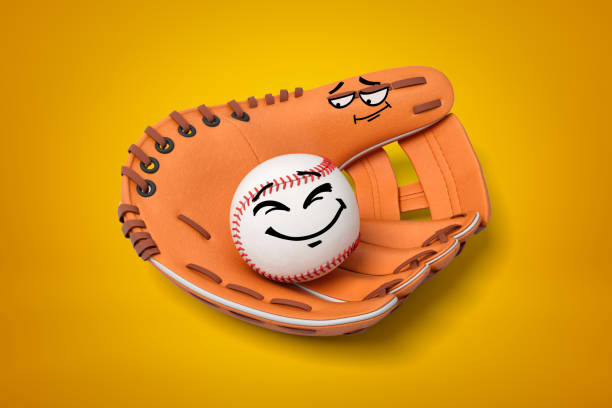 3d rendering of cartoon smiley baseball ball in glove on yellow background - catching horizontal nobody baseballs imagens e fotografias de stock