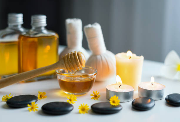 istock Closeup on honey spa therapy ingredients and salt spa objects 1179758863