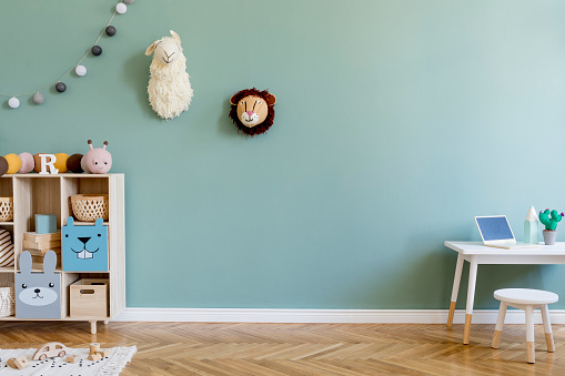 Stylish scandinavian kid room. Design interior of childroom. Template Home decor concept.