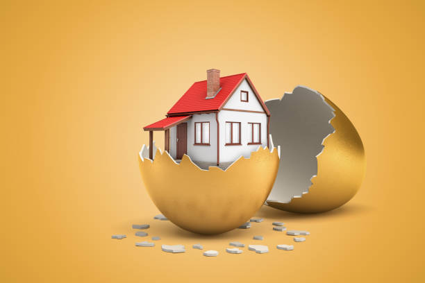 istock 3d rendering of one-storeyed house in half of gold eggshell with the other eggshell lying behind on ocher background. 1179763403