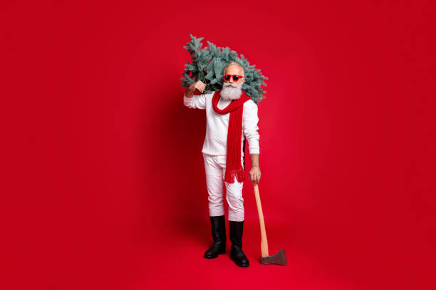 istock Full length body size view of his he nice attractive handsome content virile gray-haired man in pullover sweater pants boots holding green tree ax cutter isolated on bright vivid shine red background 1179763520