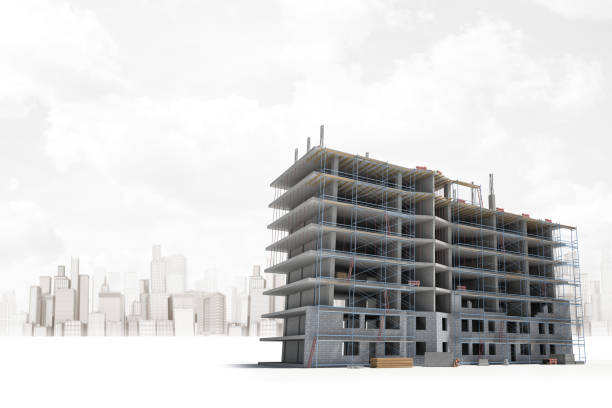 3d rendering of building under construction on white city skyscrapers background. Digital art. Building and construction. Real estate.