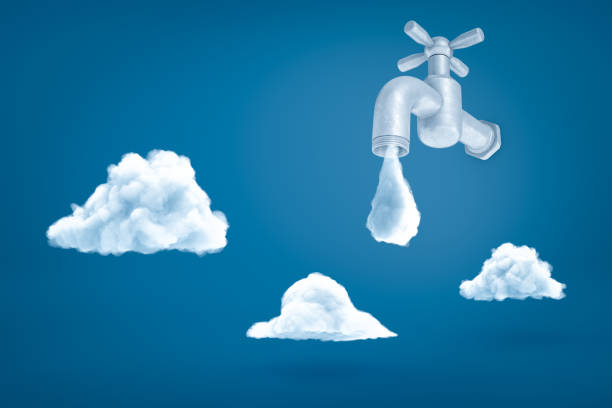 3d rendering of grey tap with water drop about to fall on blue background with three white clouds. Weather forecast. Rainfall decreases. Climate change.