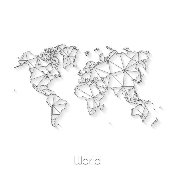 World map connection - Network mesh on white background World map created with a mesh of thin black lines and a light shadow, isolated on a blank background. Conceptual illustration of networks (communication, social, internet, ...). Vector Illustration (EPS10, well layered and grouped). Easy to edit, manipulate, resize or colorize. world map outline stock illustrations