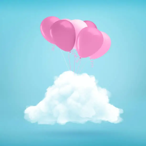 3d rendering of a bunch of light-purple balloons emerging from a white fluffy cloud on blue background. Fun and leisure. Birthday party. Light-minded and carefree.