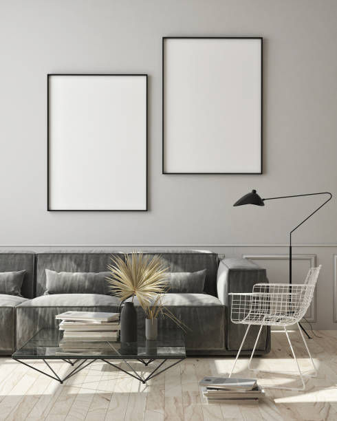 istock mock up poster frame in modern monochrome interior background, scandinavian style, 3D render 1179767727