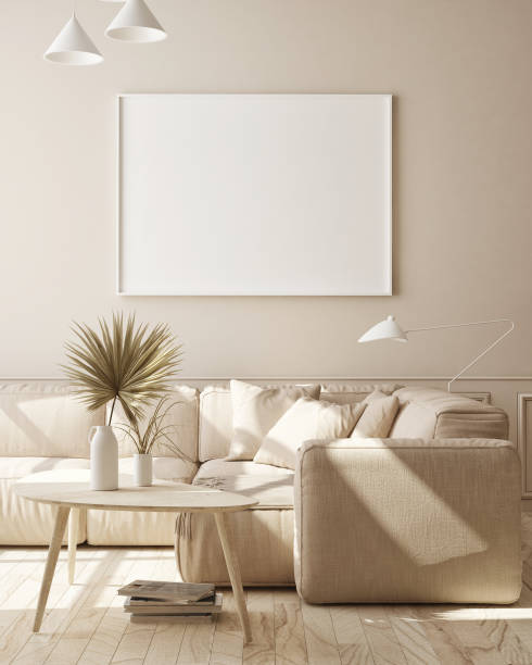istock mock up poster frame in modern monochrome interior background, scandinavian style, 3D render 1179767729