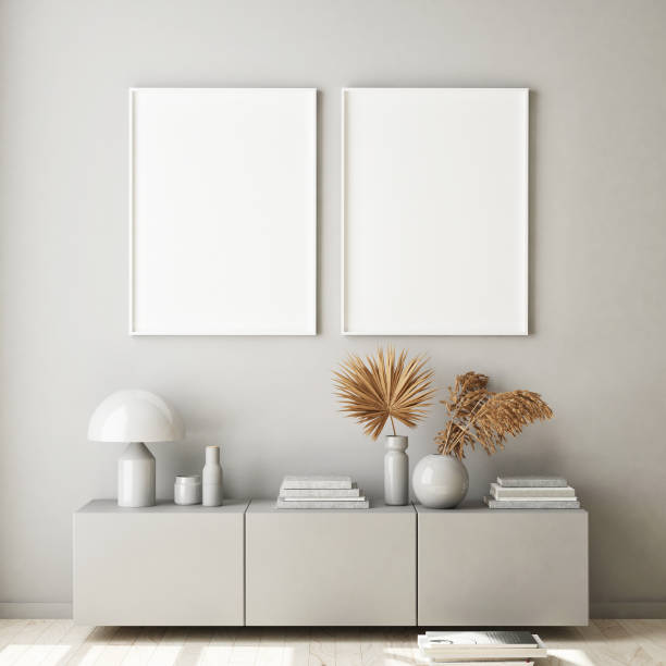 istock mock up poster frame in modern monochrome interior background, scandinavian style, 3D render 1179767746