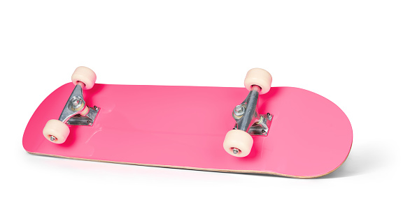 Pink skateboard deck, isolated on white background. File contains a path to isolation