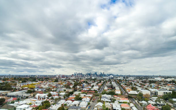 Melbourne cityscape on cloudy day stock photo