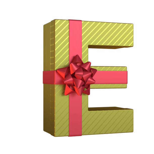 Present alphabet 3d rendering, letter E Gift box with red ribbon bow 3d font, present alphabet 3d rendering, letter E 3d red letter e stock pictures, royalty-free photos & images