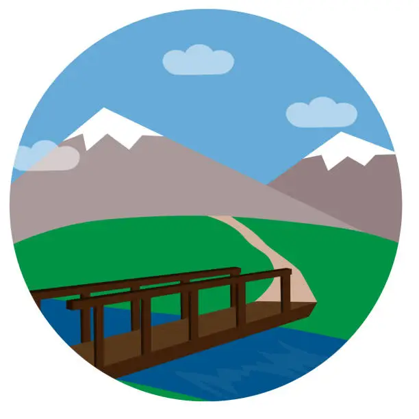 Vector illustration of landscape with mountains and bridge