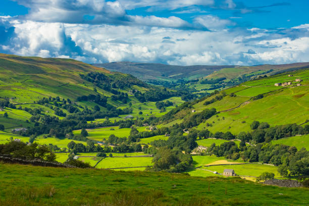 vista panorámica de swaledale villages en yorkshire dales, reino unido. - yorkshire fotografías e imágenes de stock