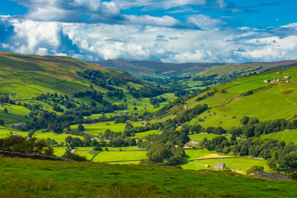 Scenic view of Swaledale Villages in the Yorkshire Dales, UK. The Yorkshire Dales.  Askrigg road to Gunnerside in Swaledale.  Farmsteads, drystone walling, fields and meadows with the River Swale running through it.  Horizontal.  Space for copy. yorkshire stock pictures, royalty-free photos & images
