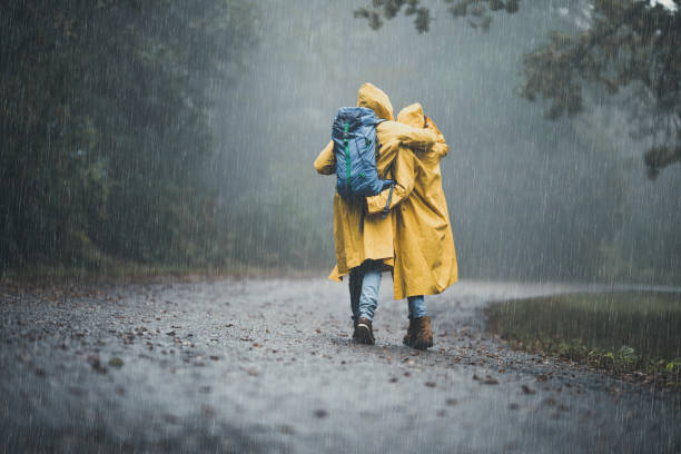 rückansicht des umarmten paares in regenmänteln, die bei regen wandern. - women winter autumn nature stock-fotos und bilder