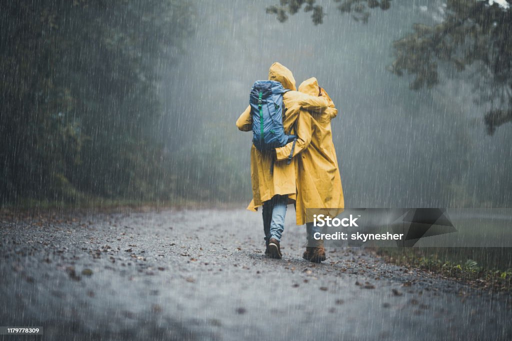 Back view of embraced couple in raincoats hiking on a rain. Rear view of loving couple in yellow raincoats hiking through park on a rainy day. Copy space. Rain Stock Photo