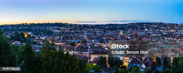Germany Xxl Panorama Of Sunset Sky Over Urban Cityscape Of Stuttgart City Houses And Roofs Aerial View From Above Over Illuminated Skyline In Summertime Stock Photo - Download Image Now