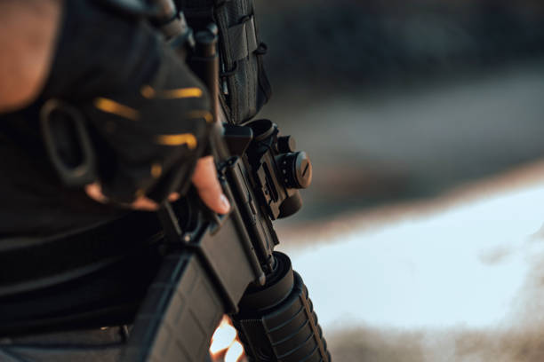 istock Elite special unit member holding assault rifle, close-up. 1179779861