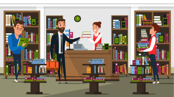 ilustraciones, imágenes clip art, dibujos animados e iconos de stock de ilustración vectorial plana interior de librería - librarian