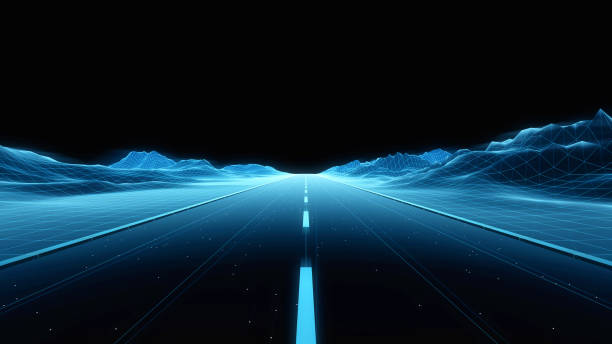 autoroute extérieure numérique bleue avec des montagnes - technical progress photos et images de collection