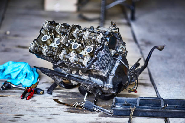 istock Motorcycle four-cylinder engine during repair at the service. 1179781829