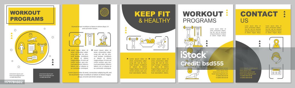 Workout program brochure template layout Workout program brochure template. Fitness center. Flyer, booklet, leaflet print design. Gym membership. Physical exercises and dieting. Vector page layouts for magazines, reports, advertising posters Exercising stock vector