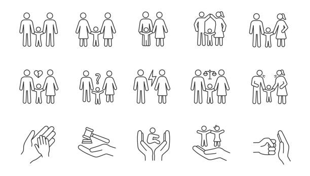 Child custody linear icons set Child custody linear icons set. Thin line contour symbols. LGBT families. Adoption and orphanage. Family court. Children’s rights. Isolated vector outline illustrations. Editable stroke childrens rights stock illustrations